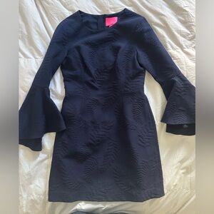 Lilly Pulitzer Kayla True Navy Fern Pucker Jacquard Stretch Flounce Sleeve Dress